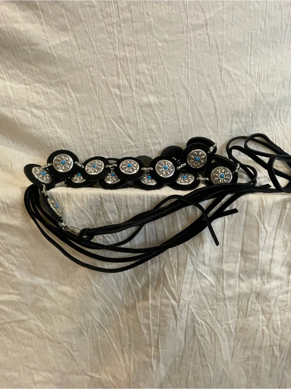 Nocona XL Black Leather Concho Belt Turquoise Western Boho Cowgirl Fringe Tie